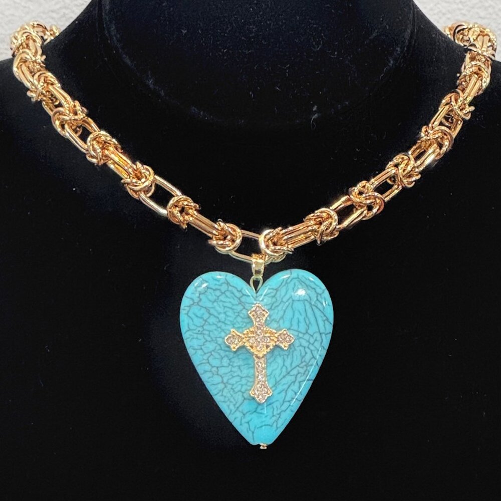 Blue heart cross necklaces in a gold plated chain Links, Handmade in the US